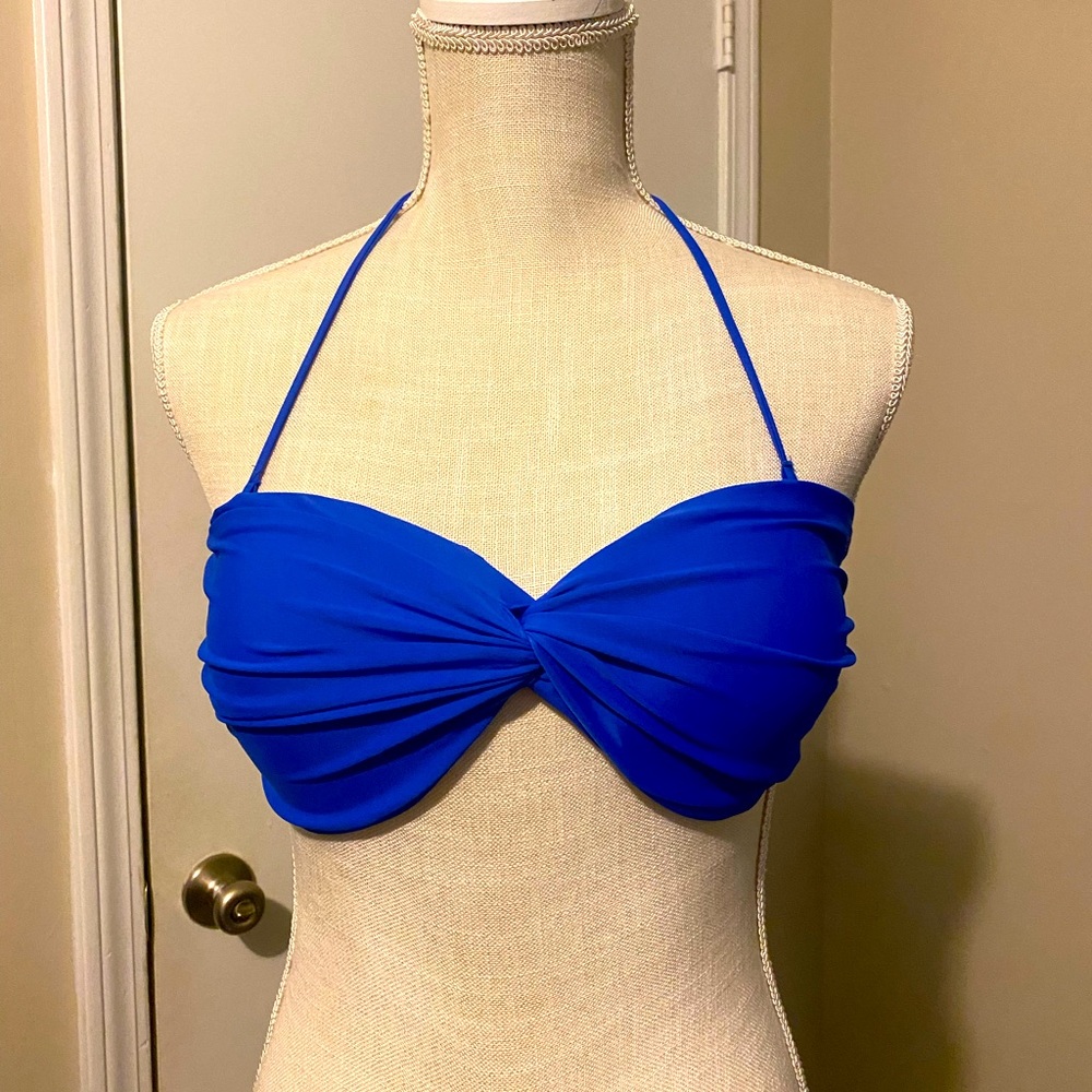 Royal blue twist front bandeau bikini top with straps
